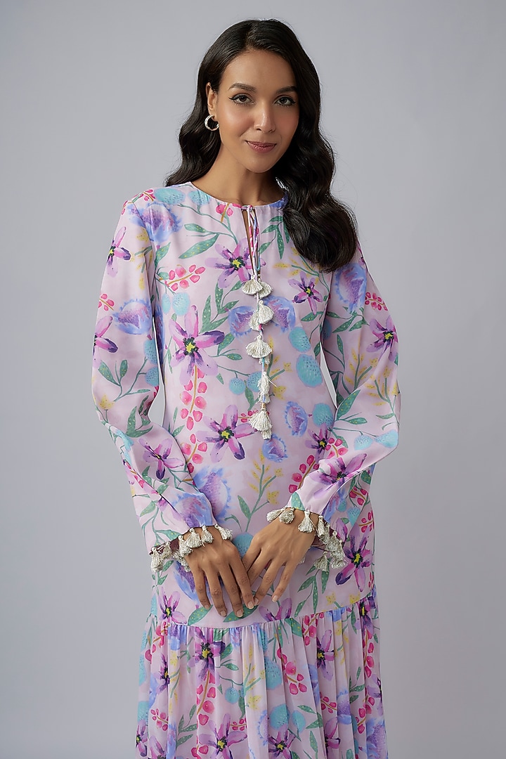 Pink-Lavender Art Georgette Printed Tiered Maxi Vacation Dress by Payal Singhal at Pernia's Pop Up Shop