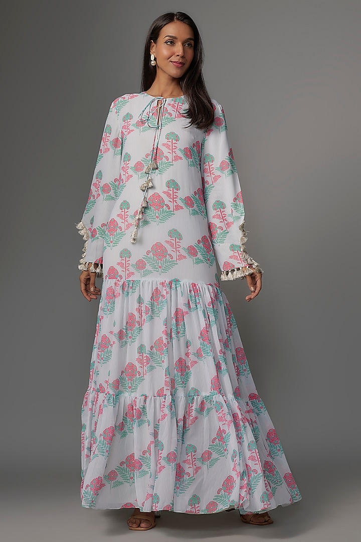 Pink Art Georgette Digital Printed Tiered Dress by Payal Singhal at Pernia's Pop Up Shop