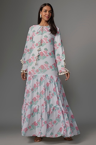 Pink Art Georgette Digital Printed Tiered Dress by Payal Singhal