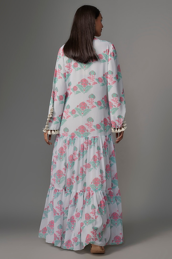Pink Art Georgette Digital Printed Tiered Vacation Dress by Payal Singhal at Pernia's Pop Up Shop