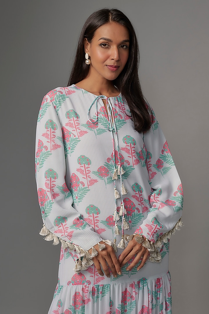 Pink Art Georgette Digital Printed Tiered Vacation Dress by Payal Singhal at Pernia's Pop Up Shop