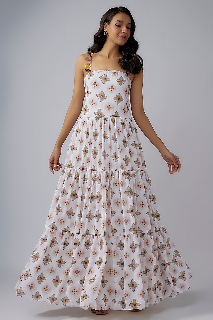 Ivory Art Georgette Printed Maxi Dress by Payal Singhal at Pernia's Pop Up Shop