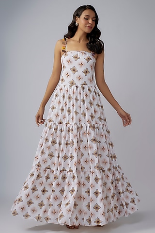 Ivory Art Georgette Printed Maxi Dress by Payal Singhal