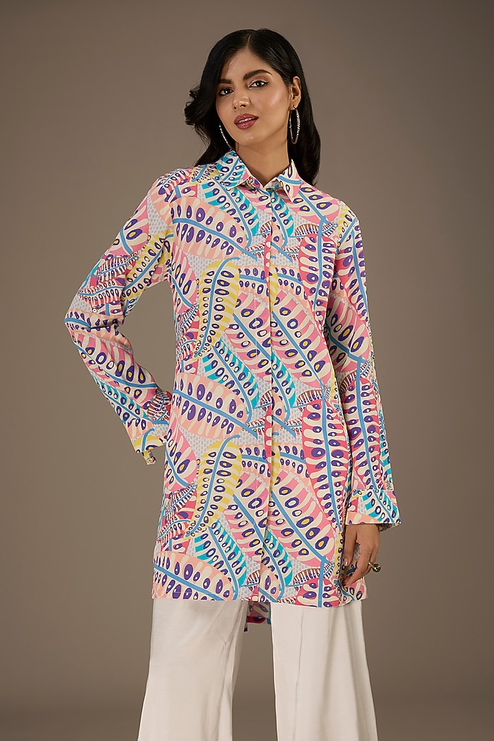 Blue Crepe Digital Printed Vacation Shirt Dress by Payal Singhal at Pernia's Pop Up Shop