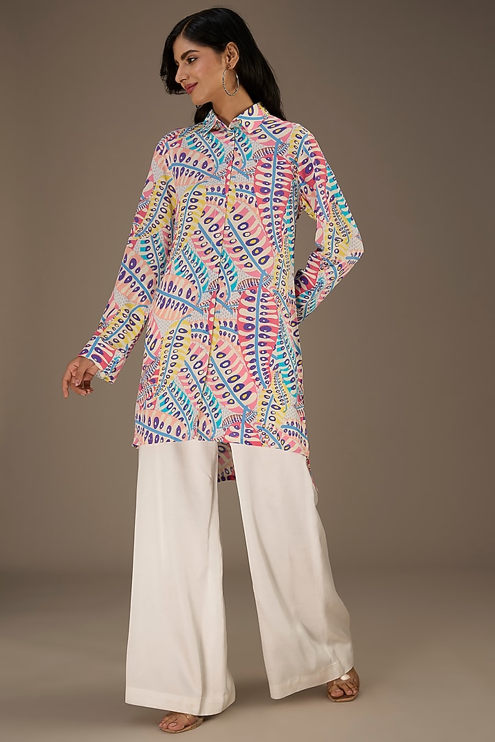 Blue Crepe Digital Printed Vacation Shirt Dress by Payal Singhal at Pernia's Pop Up Shop
