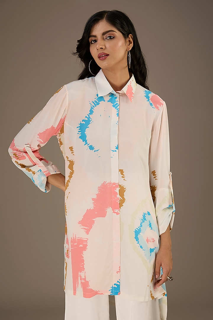 White Crepe Ikat Splash Digital Printed Vacation Shirt Dress by Payal Singhal at Pernia's Pop Up Shop
