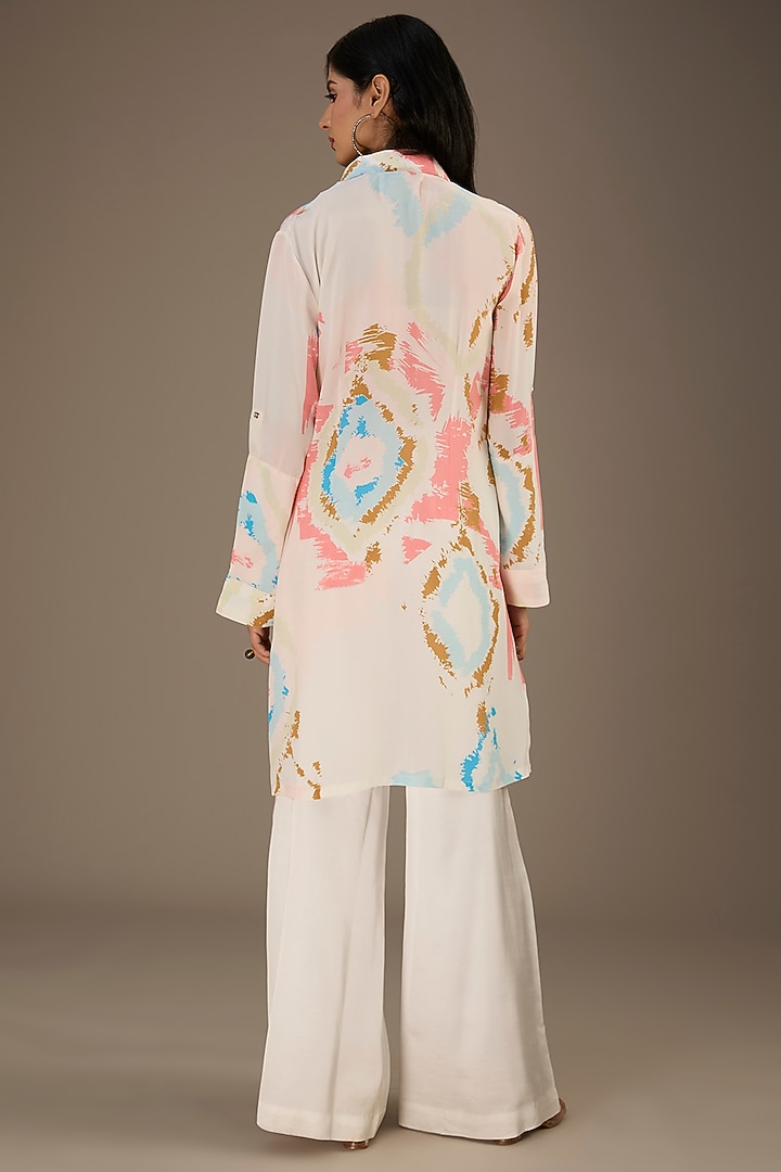 White Crepe Ikat Splash Digital Printed Vacation Shirt Dress by Payal Singhal at Pernia's Pop Up Shop