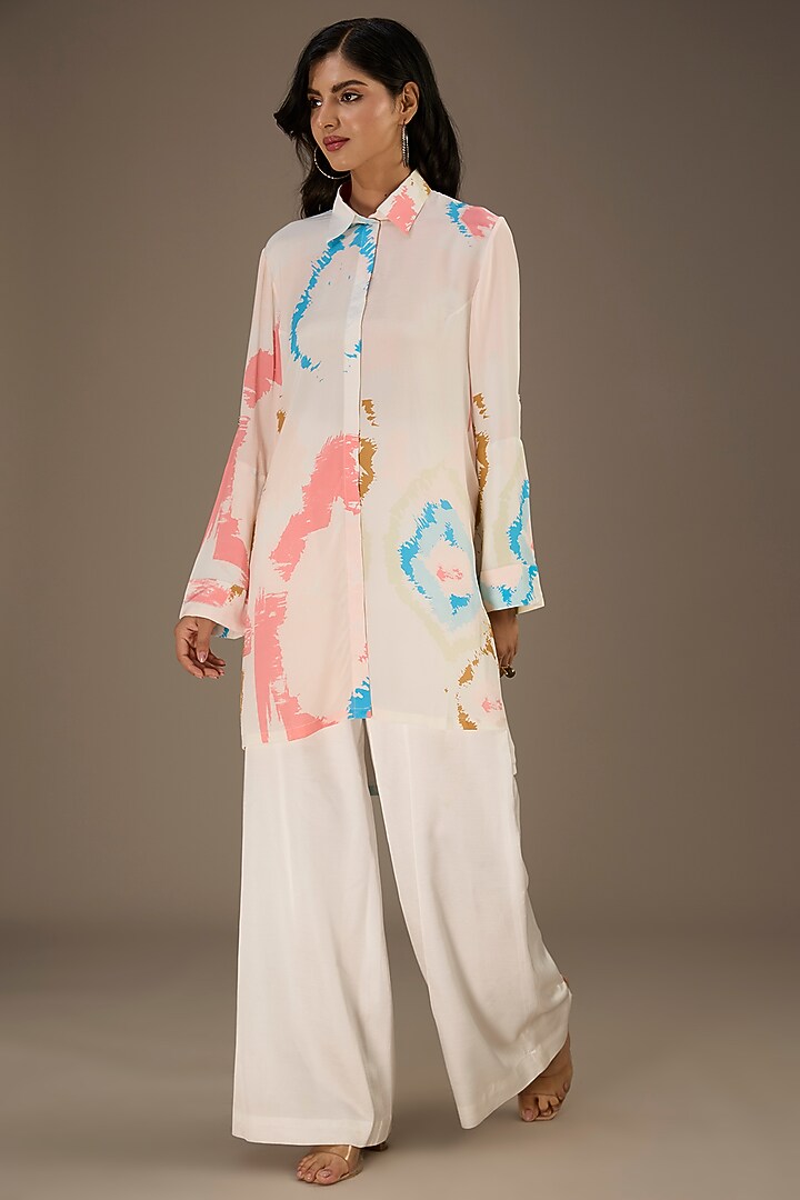 White Crepe Ikat Splash Digital Printed Vacation Shirt Dress by Payal Singhal at Pernia's Pop Up Shop