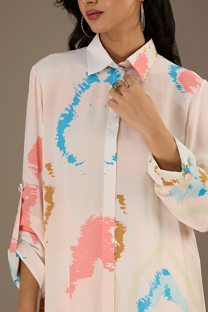 White Crepe Ikat Splash Digital Printed Vacation Shirt Dress by Payal Singhal at Pernia's Pop Up Shop