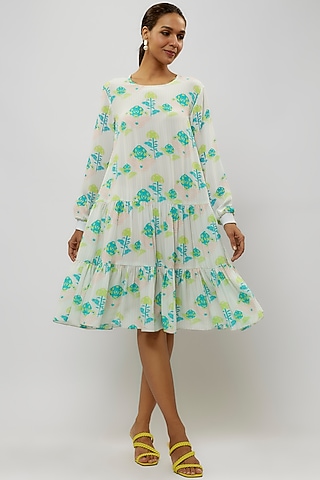 Off-White Crepe Digital Printed Frilled Tunic by Payal Singhal