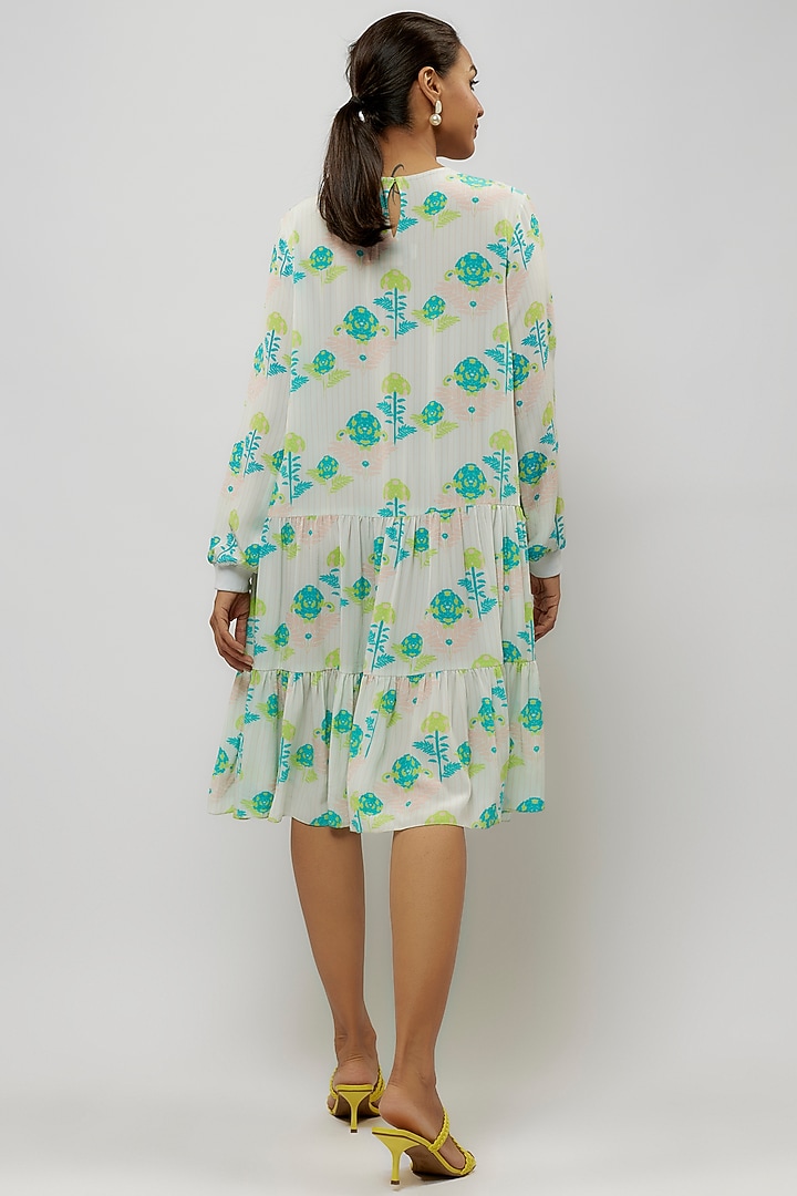 Off-White Crepe Digital Printed Frilled Tunic by Payal Singhal at Pernia's Pop Up Shop