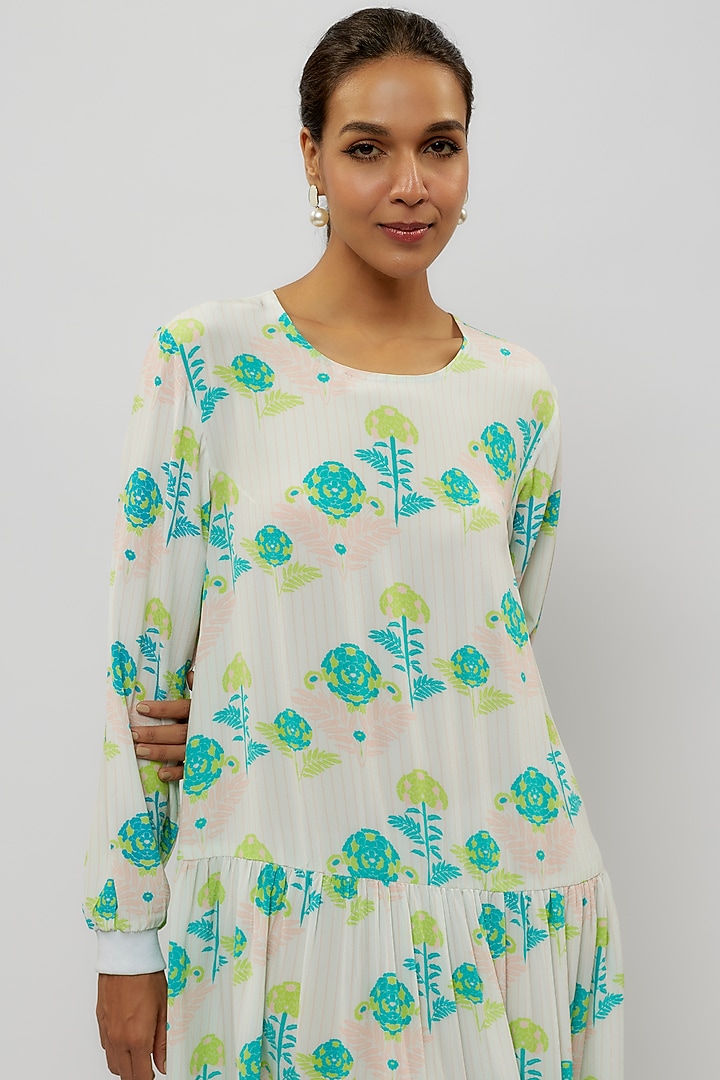 Off-White Crepe Digital Printed Frilled Tunic by Payal Singhal at Pernia's Pop Up Shop