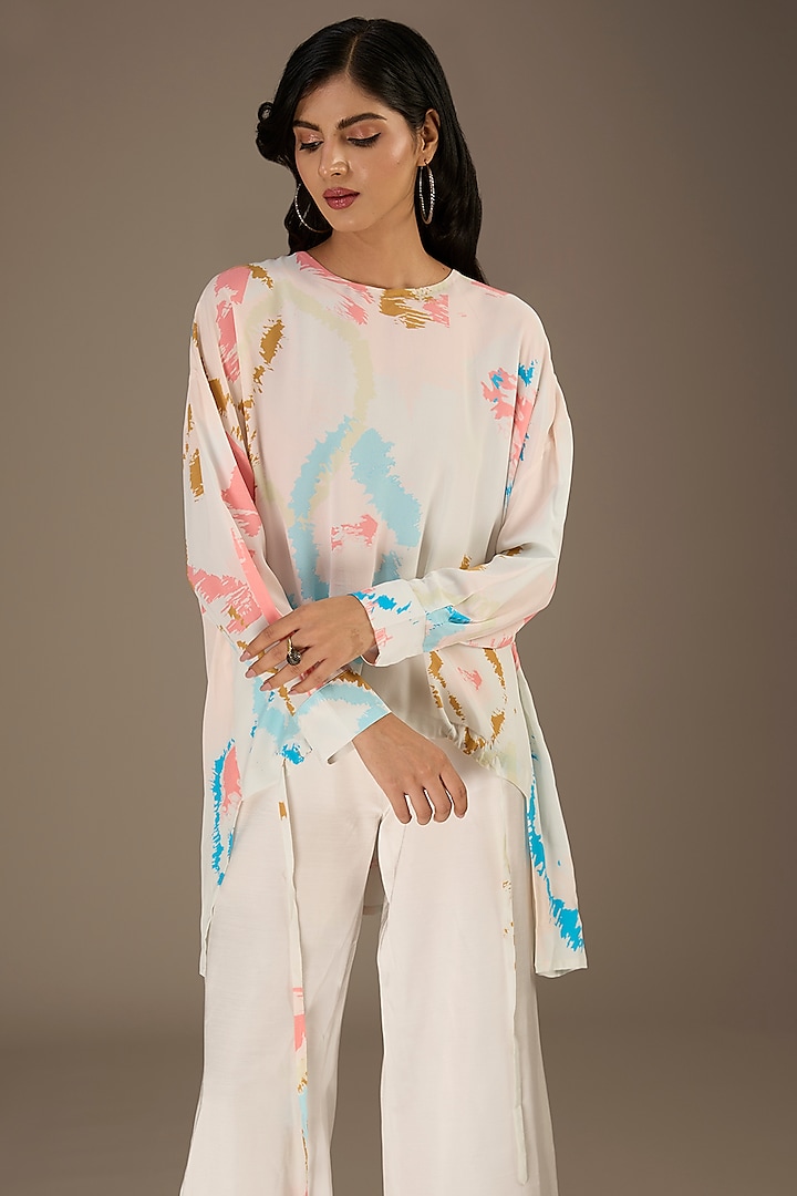 White Crepe Ikat Splash Digital Printed Tunic by Payal Singhal at Pernia's Pop Up Shop