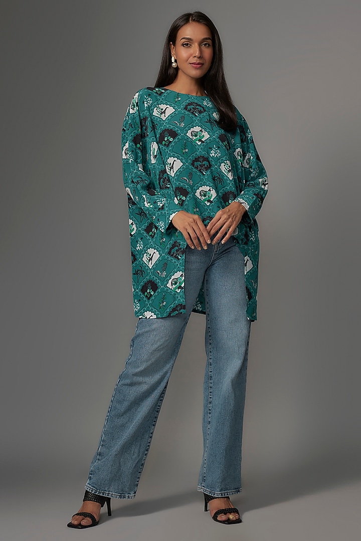 Teal Crepe Digital Printed Tunic by Payal Singhal at Pernia's Pop Up Shop