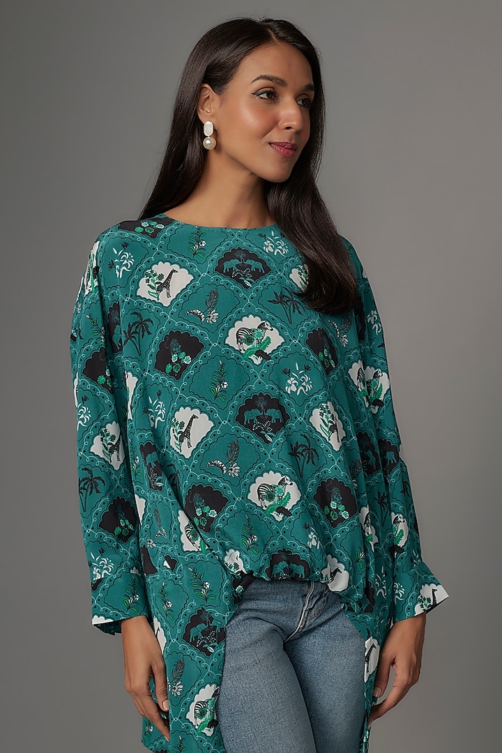 Teal Crepe Digital Printed Tunic by Payal Singhal