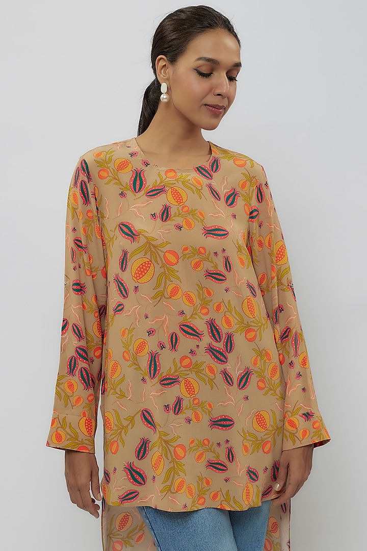 Brown Crepe Jaal Printed High-Low Tunic by Payal Singhal at Pernia's Pop Up Shop