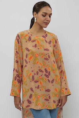 Brown Crepe Jaal Printed High-Low Tunic by Payal Singhal