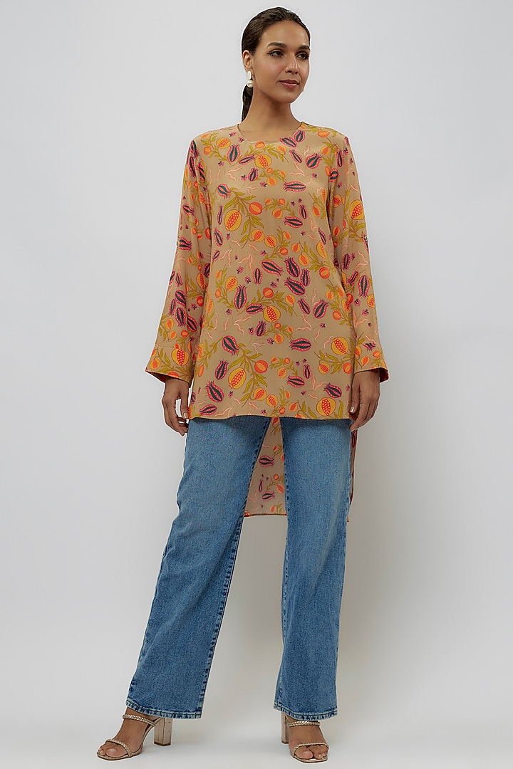 Brown Crepe Jaal Printed High-Low Tunic by Payal Singhal at Pernia's Pop Up Shop