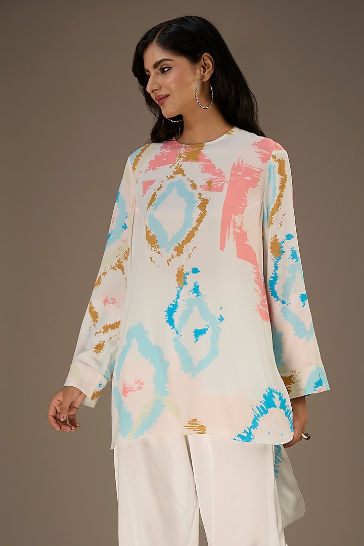 White Crepe Ikat Splash Digital Printed High-Low Tunic by Payal Singhal at Pernia's Pop Up Shop