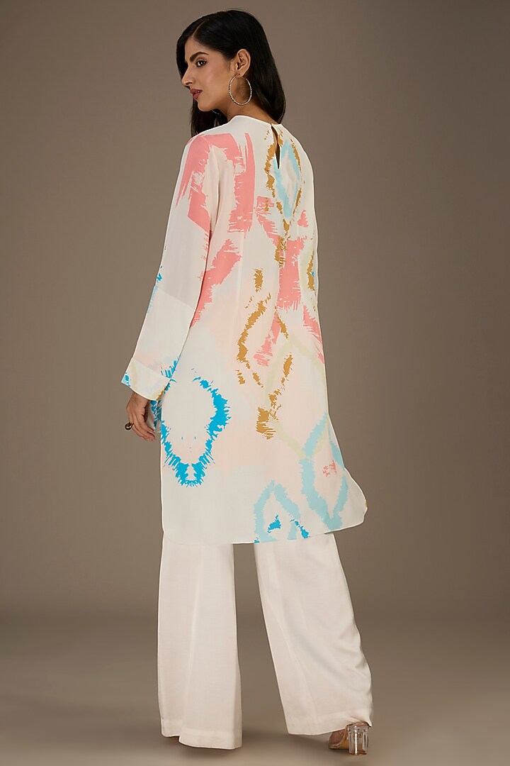White Crepe Ikat Splash Digital Printed High-Low Tunic by Payal Singhal at Pernia's Pop Up Shop
