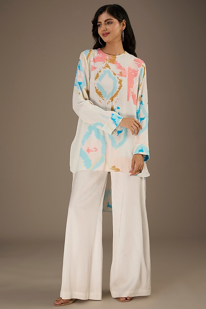 White Crepe Ikat Splash Digital Printed High-Low Tunic by Payal Singhal at Pernia's Pop Up Shop