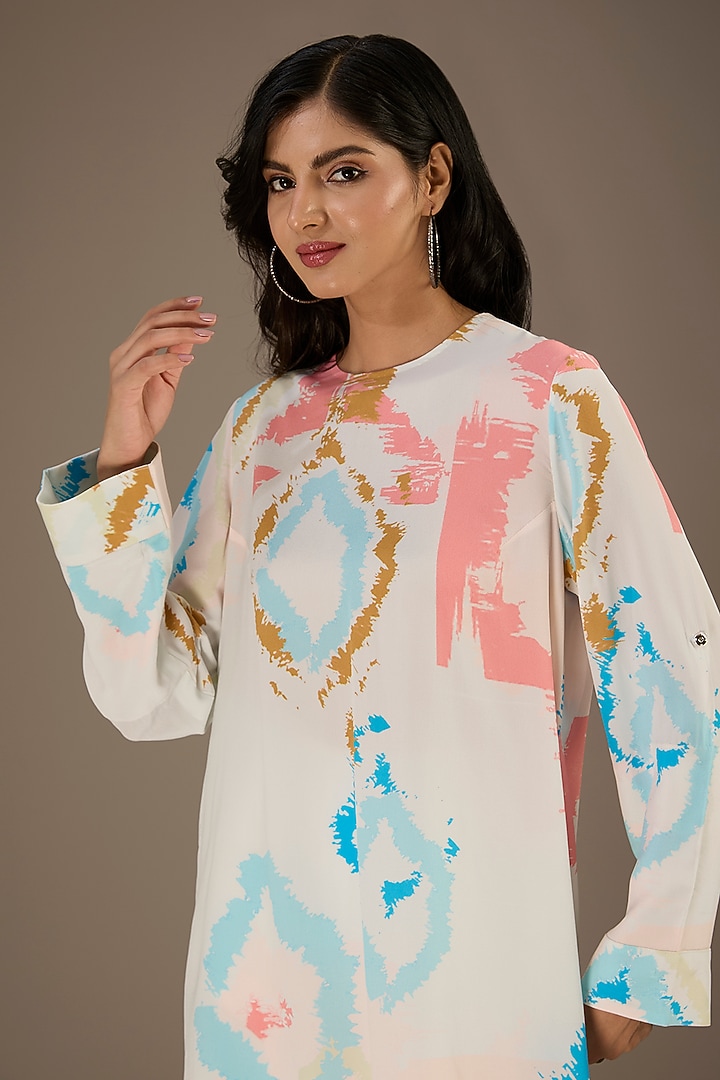White Crepe Ikat Splash Digital Printed High-Low Tunic by Payal Singhal at Pernia's Pop Up Shop