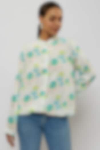 Off-White & Teal Crepe Digital Printed Top by Payal Singhal at Pernia's Pop Up Shop