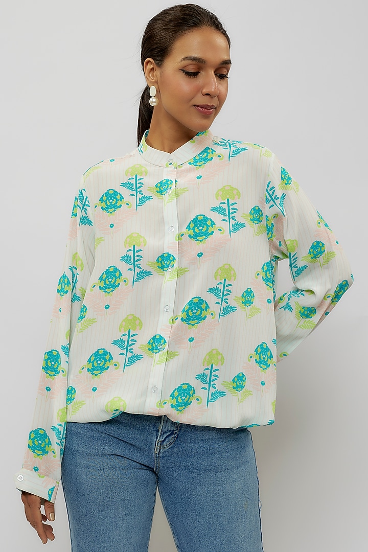 Off-White & Teal Crepe Digital Printed Top by Payal Singhal at Pernia's Pop Up Shop