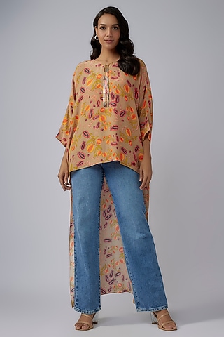 Brown Crepe Printed High-Low Tunic by Payal Singhal