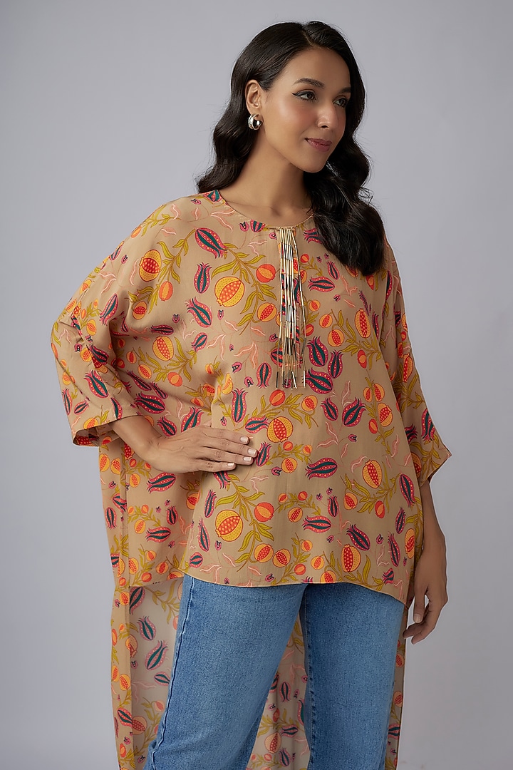 Brown Crepe Printed High-Low Tunic by Payal Singhal at Pernia's Pop Up Shop