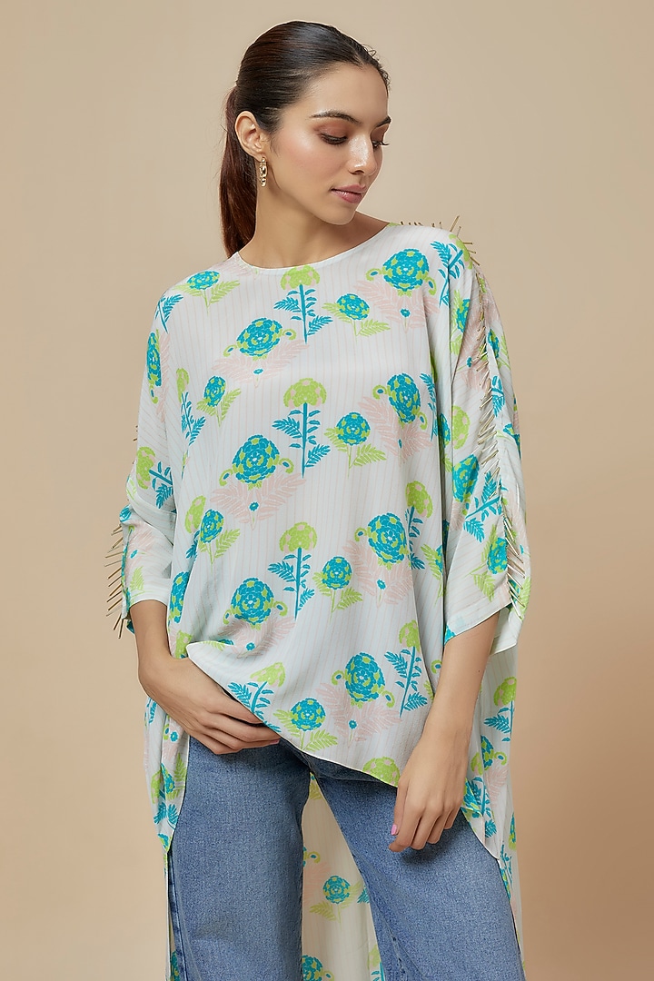 White Crepe Printed High-Low Tunic by Payal Singhal at Pernia's Pop Up Shop