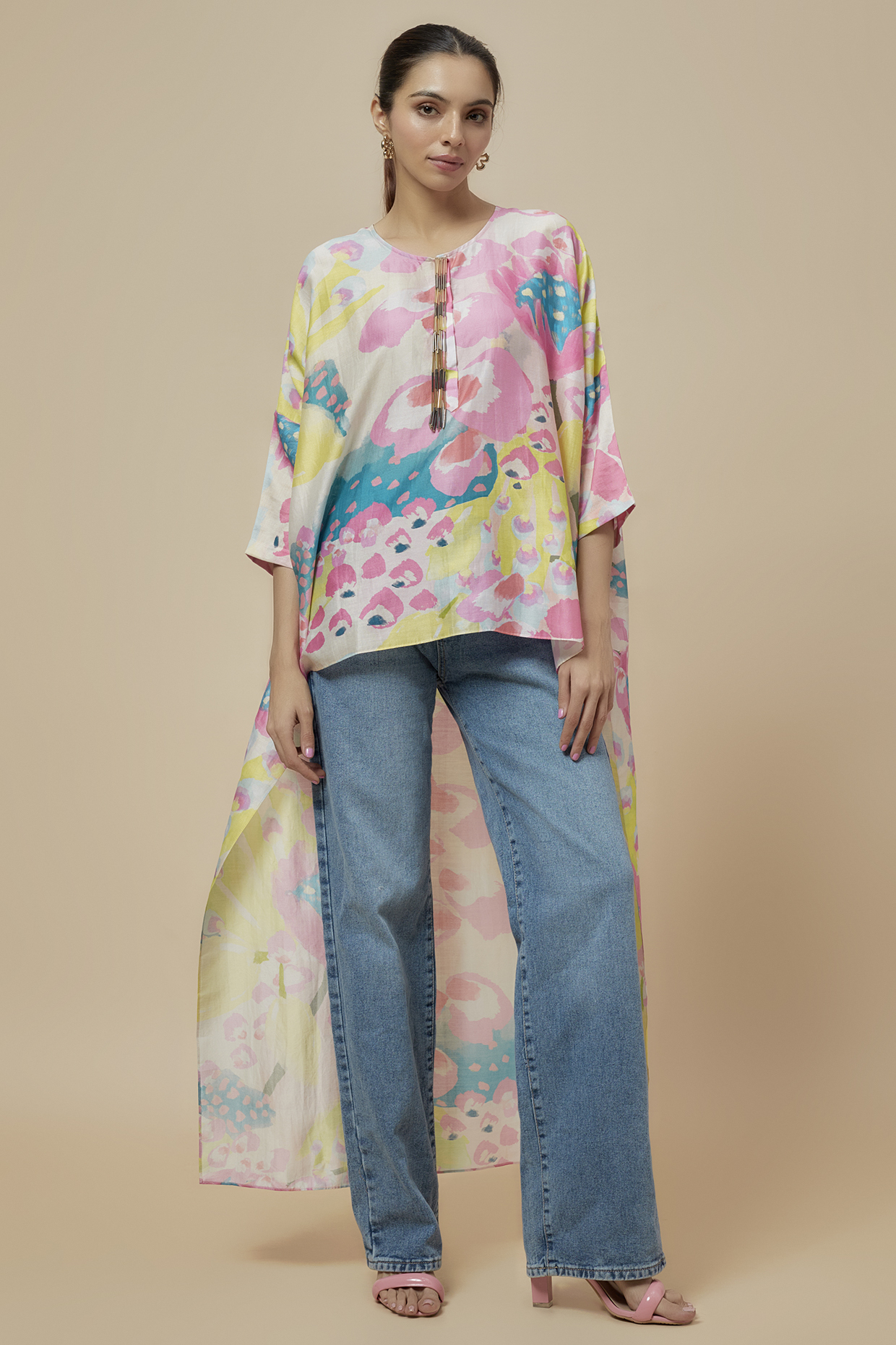 Multi-Colored Silk Mul Printed High-Low Tunic by Payal Singhal at Pernia's Pop Up Shop