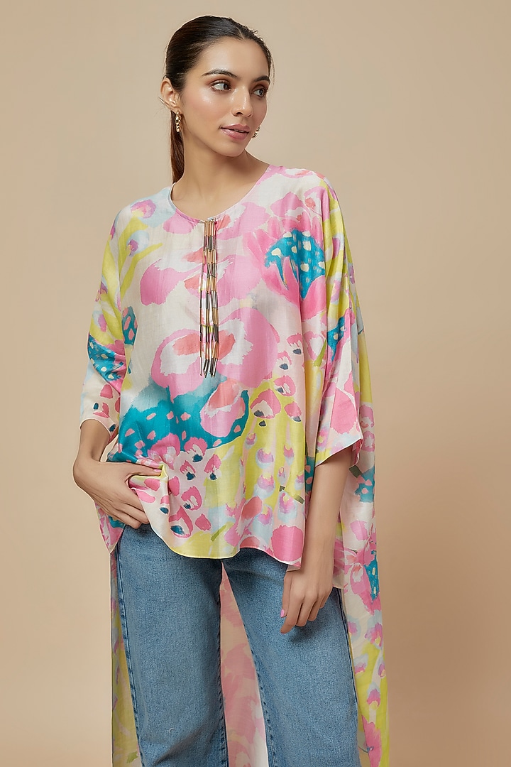 Multi-Colored Silk Mul Printed High-Low Tunic by Payal Singhal at Pernia's Pop Up Shop