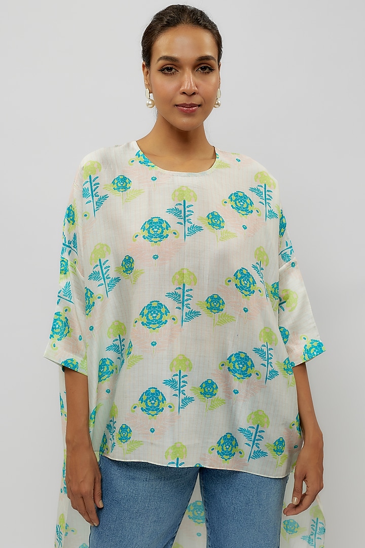Off-White & Teal Silk Mul Digital Printed High-Low Tunic by Payal Singhal at Pernia's Pop Up Shop