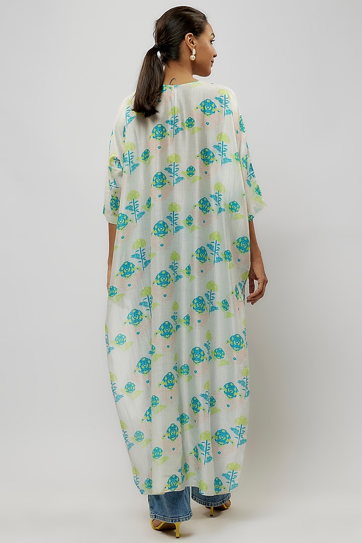 Off-White & Teal Silk Mul Digital Printed High-Low Tunic by Payal Singhal at Pernia's Pop Up Shop