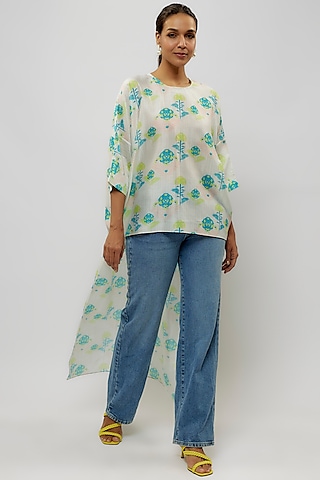 Off-White & Teal Silk Mul Digital Printed High-Low Tunic by Payal Singhal