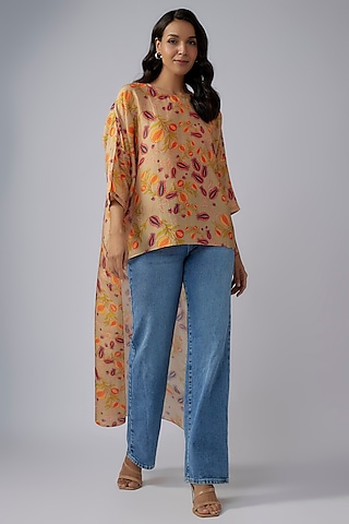 Brown Silk Mul Printed High-Low Tunic by Payal Singhal