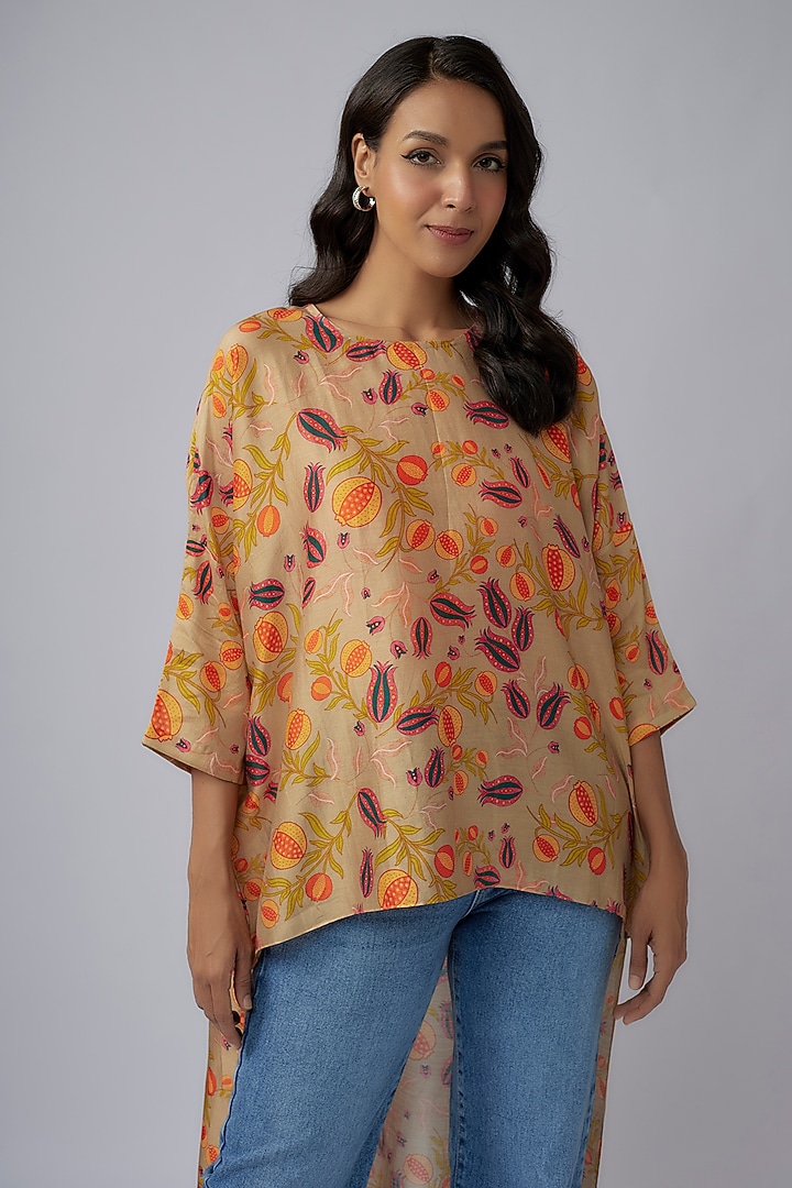 Brown Silk Mul Printed High-Low Tunic by Payal Singhal at Pernia's Pop Up Shop
