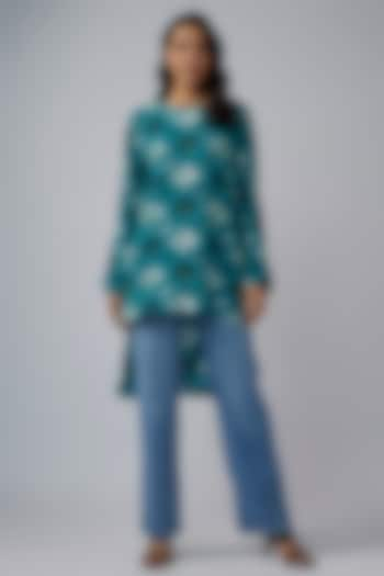 Teal Blue Crepe Printed High-Low Tunic by Payal Singhal at Pernia's Pop Up Shop