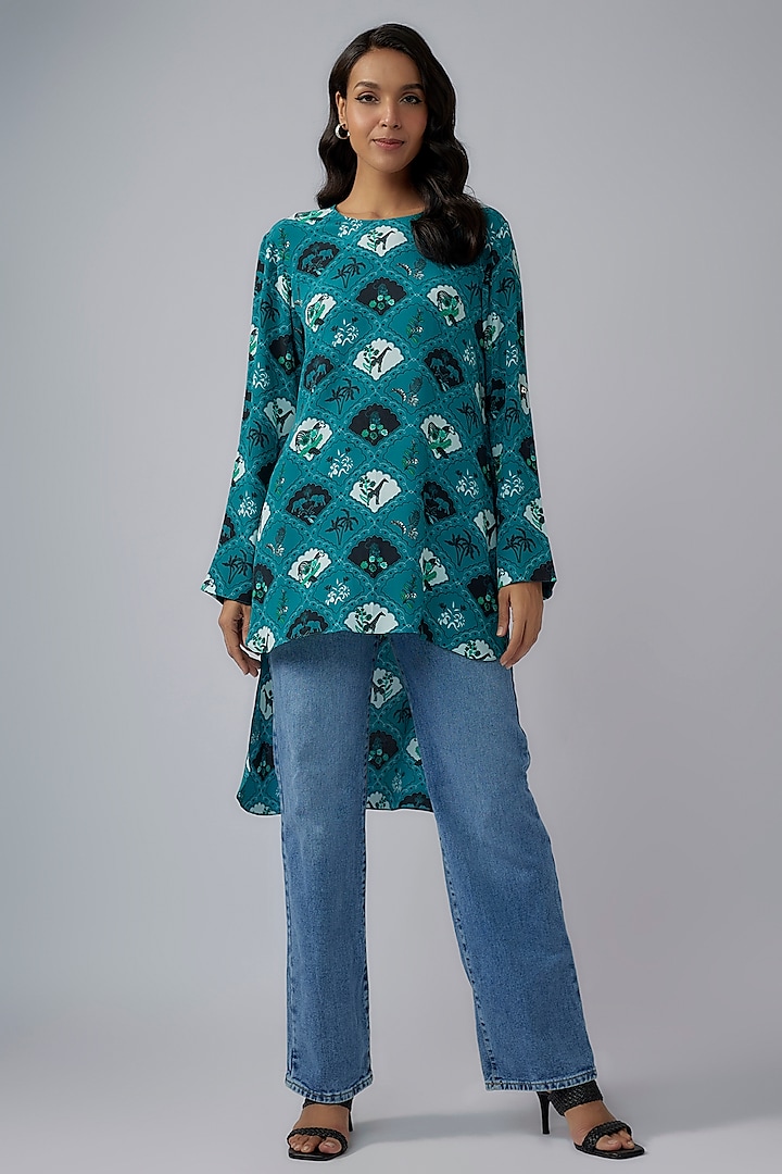 Teal Blue Crepe Printed High-Low Tunic by Payal Singhal at Pernia's Pop Up Shop