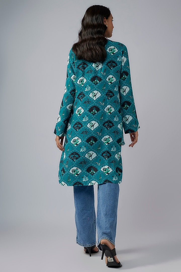 Teal Blue Crepe Printed High-Low Tunic by Payal Singhal at Pernia's Pop Up Shop