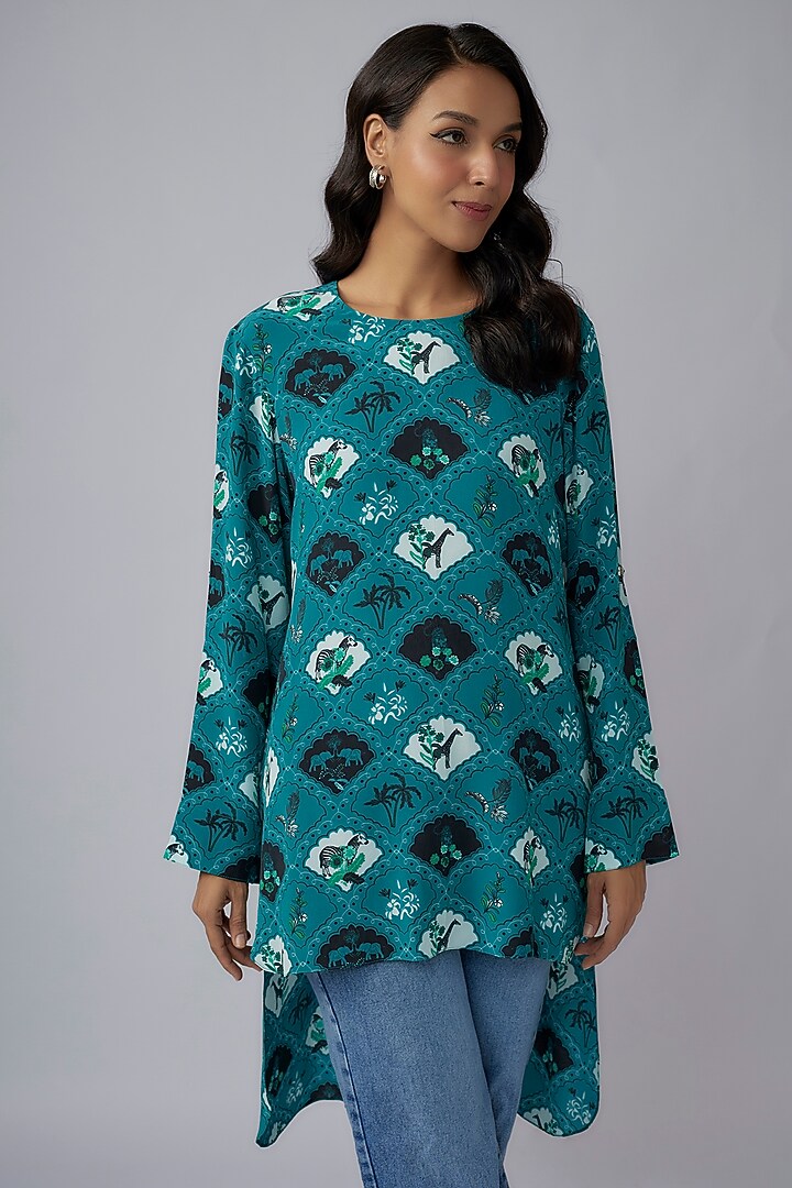 Teal Blue Crepe Printed High-Low Tunic by Payal Singhal at Pernia's Pop Up Shop