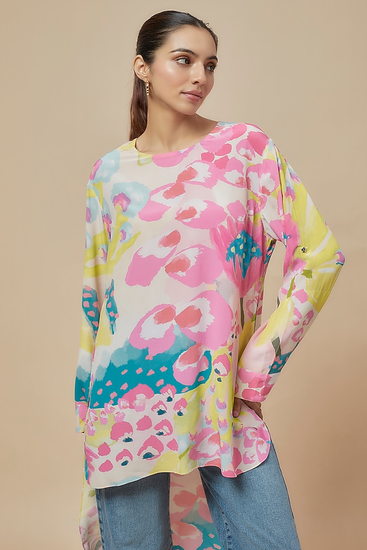 Multi-Colored Crepe Printed High-Low Tunic by Payal Singhal at Pernia's Pop Up Shop