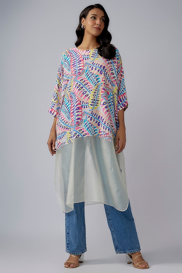 Blue Crepe & Organza Printed Tunic by Payal Singhal at Pernia's Pop Up Shop