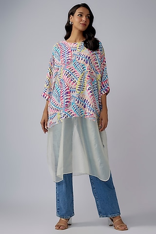 Blue Crepe & Organza Printed Tunic by Payal Singhal