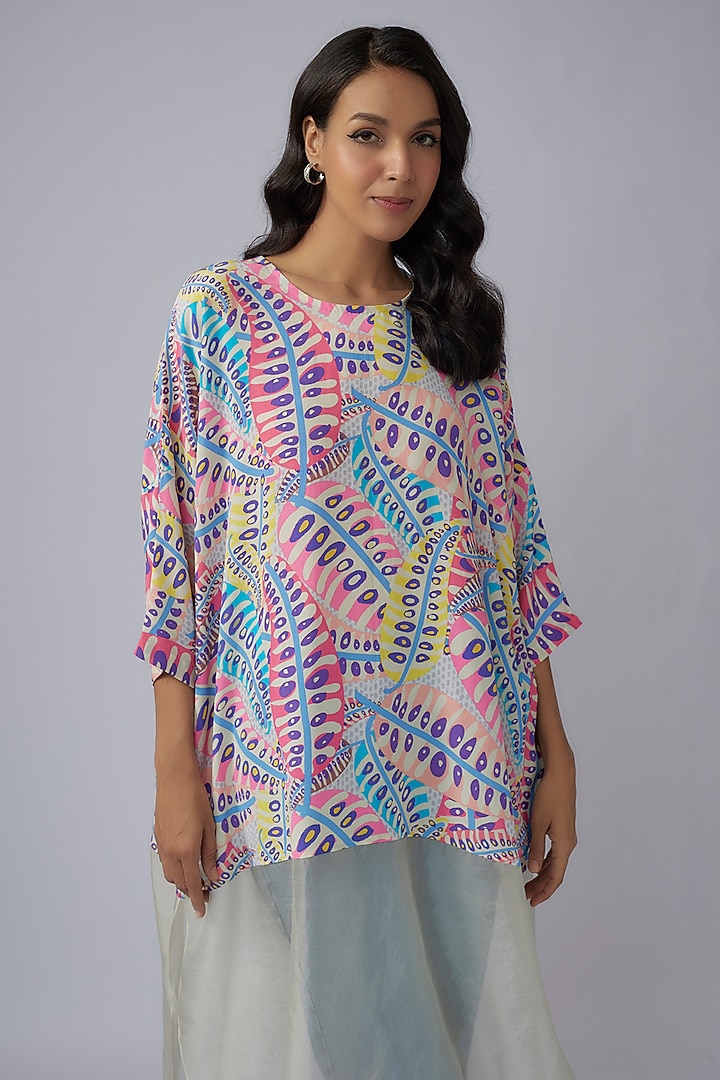 Blue Crepe & Organza Printed Tunic by Payal Singhal at Pernia's Pop Up Shop