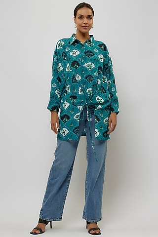 Teal Crepe Digital Printed Tunic by Payal Singhal