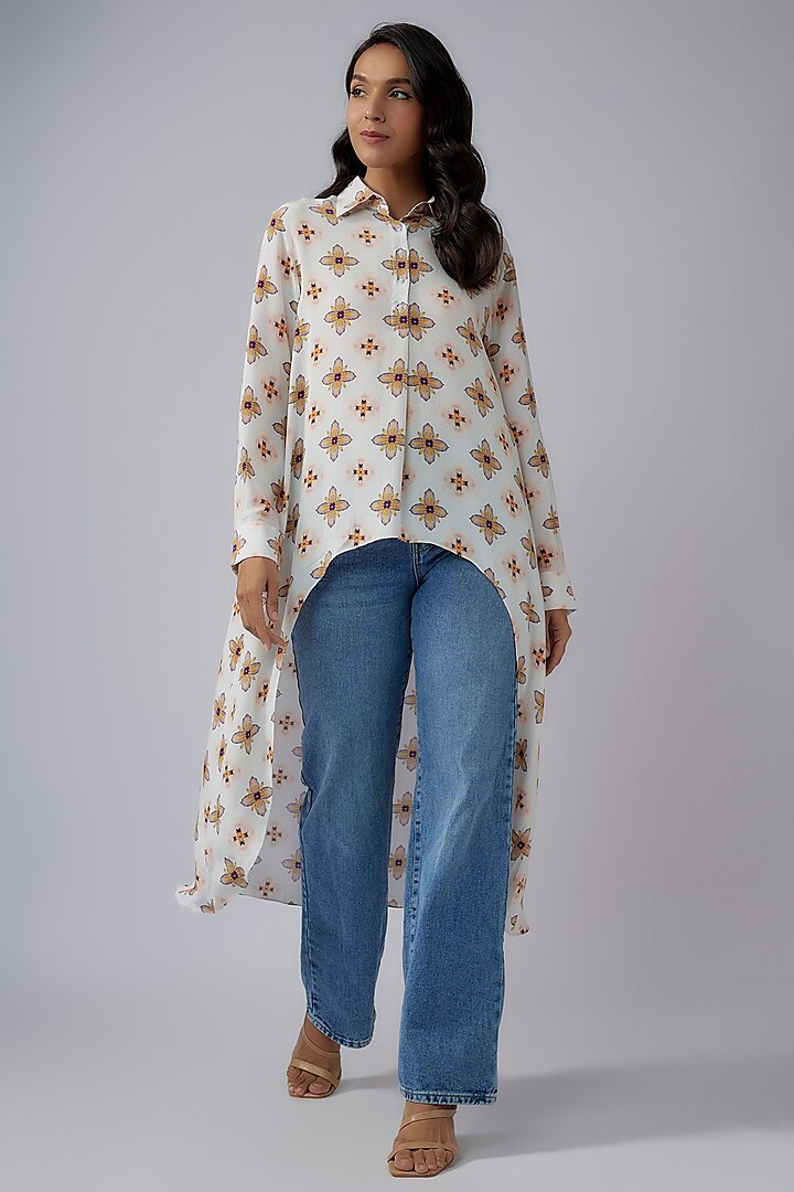 Ivory Crepe Printed High-Low Tunic by Payal Singhal at Pernia's Pop Up Shop