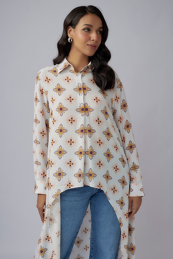 Ivory Crepe Printed High-Low Tunic by Payal Singhal at Pernia's Pop Up Shop