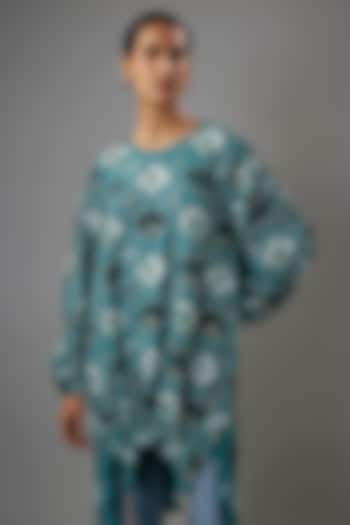 Teal Blue Crepe Safari Printed Tunic by Payal Singhal at Pernia's Pop Up Shop